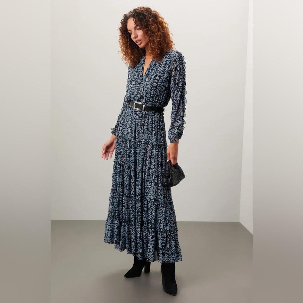 Misa Los Angeles Blue and White Ruffled Tiered Gown